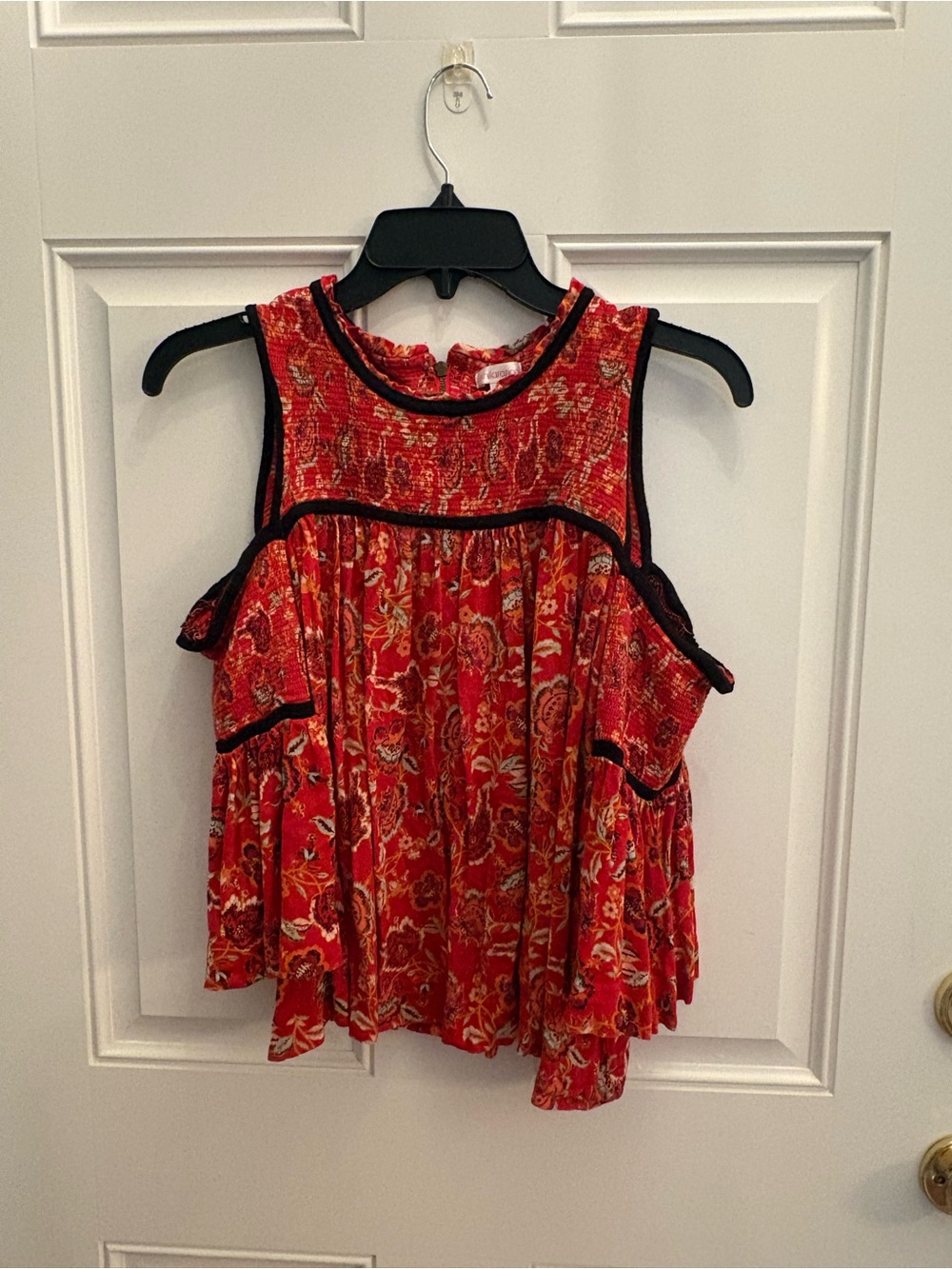 Xhilaration Red Floral Ruffled Tank Top with Black Trim